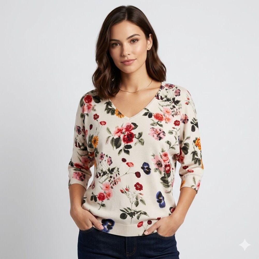 Premise Botanical Bloom Lightweight Dolman Sleeve V-Neck Knit Sweater SZ S